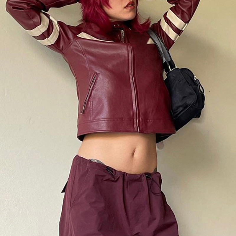 Womens Jackets Darlingaga Streetwear Stripe Stitched Zipper Leather Jacket Female Moto Biker Style Autumn Winter Coat Harajuku Outwear PU Coats 230809