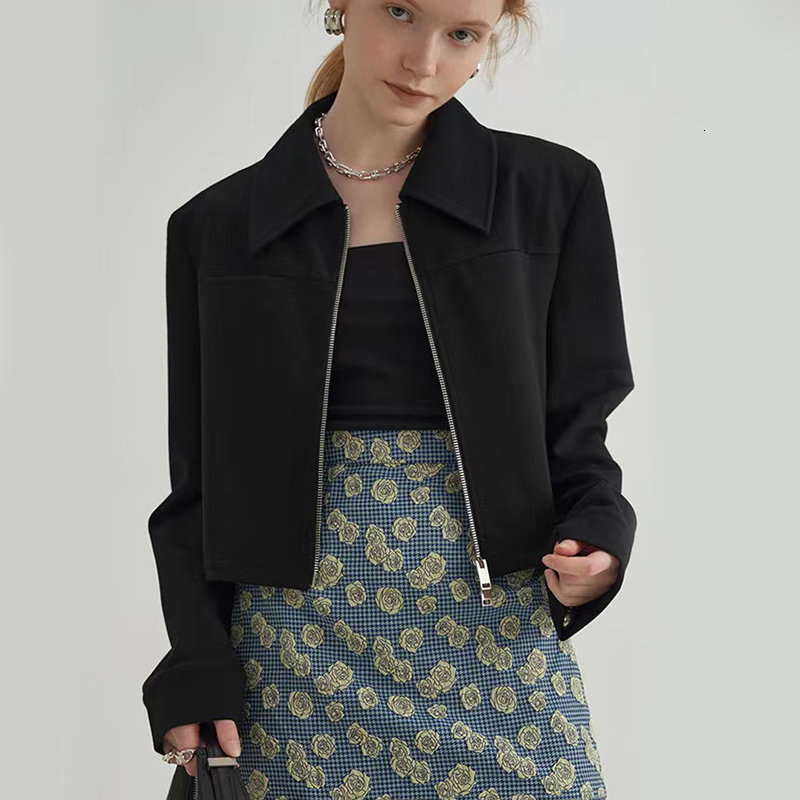 Women's Jacket Black Crop Jackets Y2K Korean Fashion Chic Turndown Collar Long Sleeve All Match Cardigan Autumn Casual Zipper Outerwear 230809