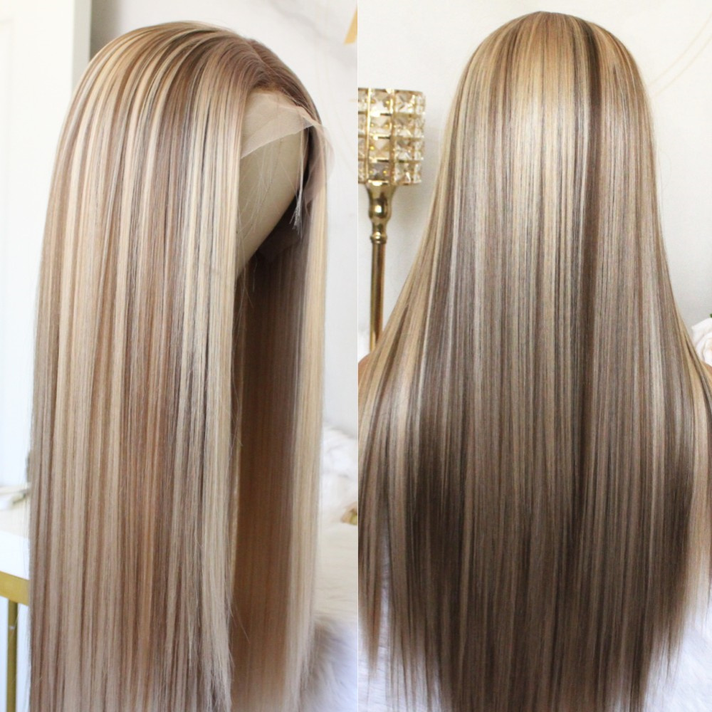 Brown Front Long Straight Synthetic Wigs For Women Middle Highlight Blonde T Part Glueless Lace Wig 100% Human Hair
