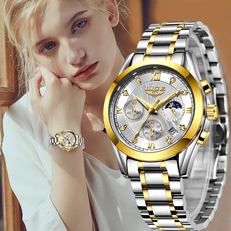 Other Watches LIGE Gold Watch Women Ladies Creative Steel Women's Bracelet Female Waterproof Clock Relogio Feminino 230809