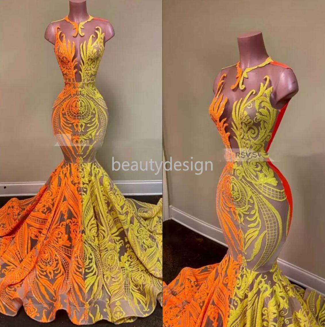 Long Elegant Prom Dresses 2022 Sheer Oneck Orange and Yellow Sequin African Women Black Girls Mermaid evening Party Gowns DD7804062