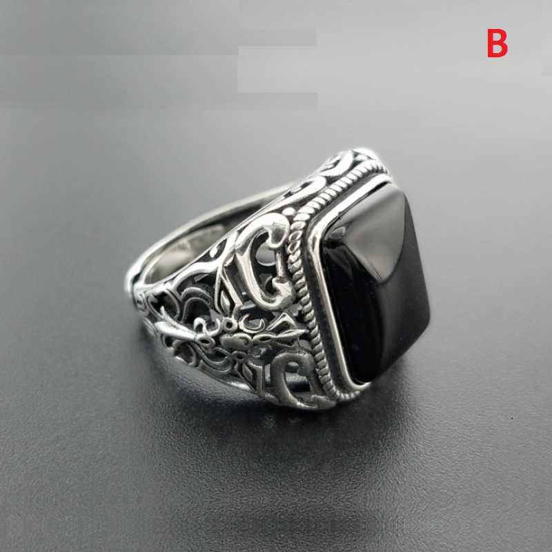 Band Rings Real 925 Silver Black Garnet S925 ring For Men Female Engraved Flower Fashion Open Size S925 ring Sterling Thai Silver Jewelry
