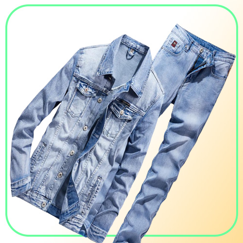 Mens Tracksuits Simple Design Men039s 2 Piece Set Spring Autumn Light Blue Long Sleeve Denim Jacket and Jeans Fashion Slim Soli5782972
