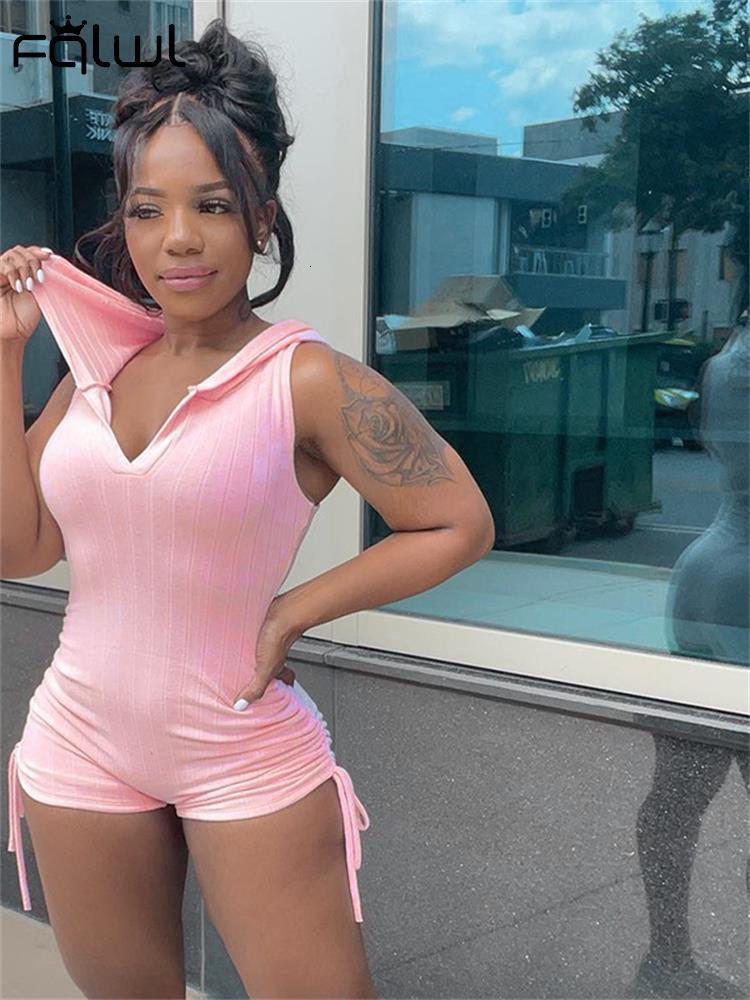 Women's Jumpsuits Rompers FQLWL Summer Pink Hoodies Sleeveless Shirring V Neck Romper Vacation Outfits For Women Khaki Streetwear Bodycon Romper 