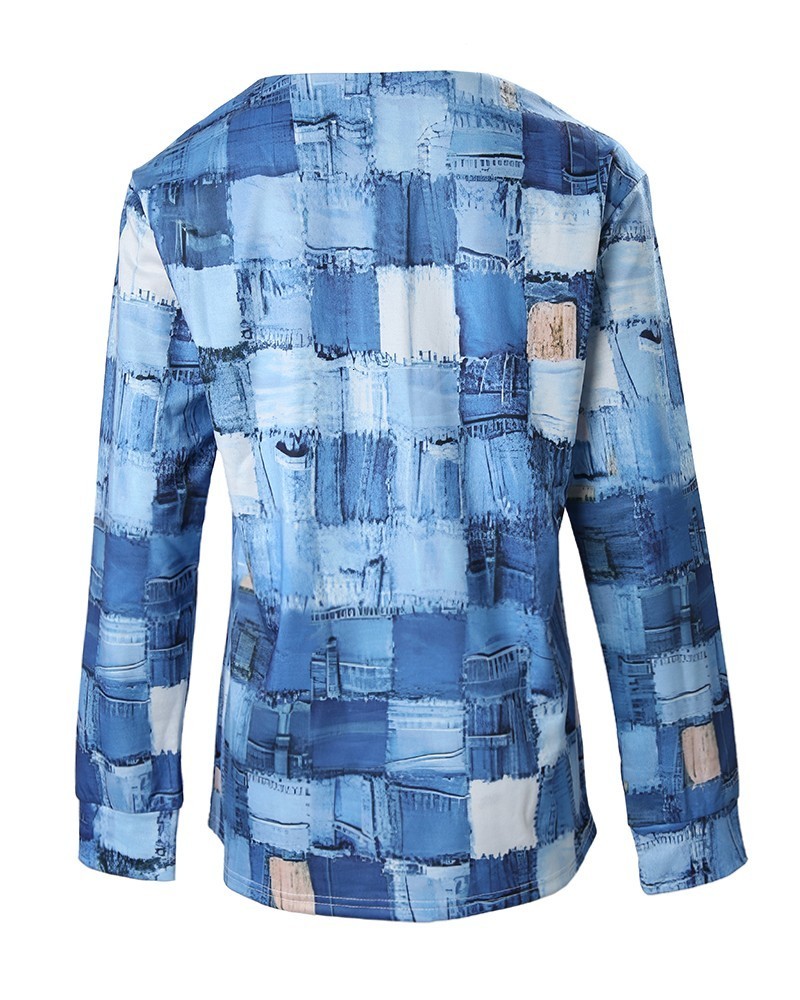 Women's T-Shirt Denim Look Print Zip Detail Long Sleeve Top Women Fashion Casual T Shirt 230809