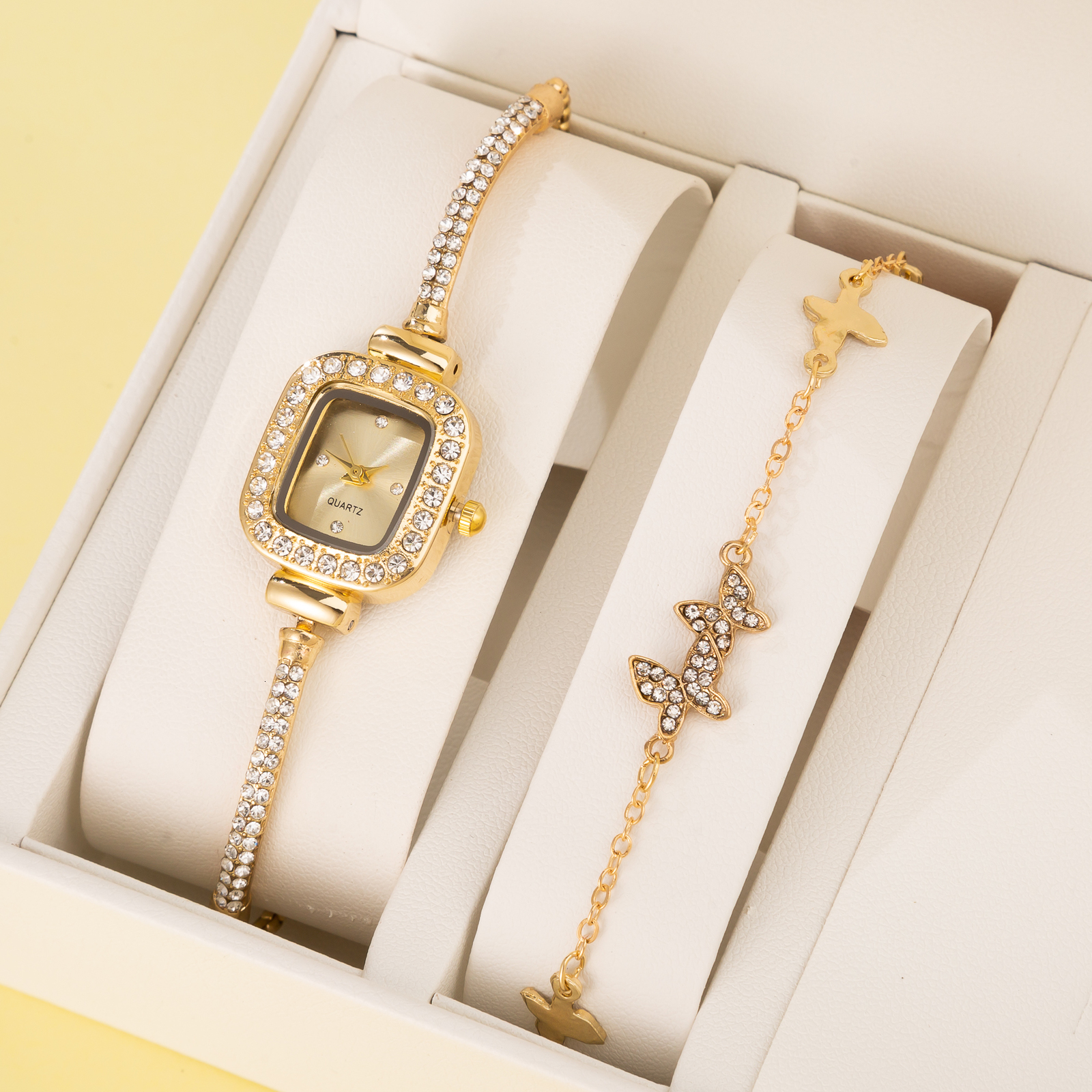 Other Watches 2pc Diamond Watch Square Dial Bracelet Set Ladies Leather Band Quartz Wristwatch Female Clock Zegarek Damski 230809