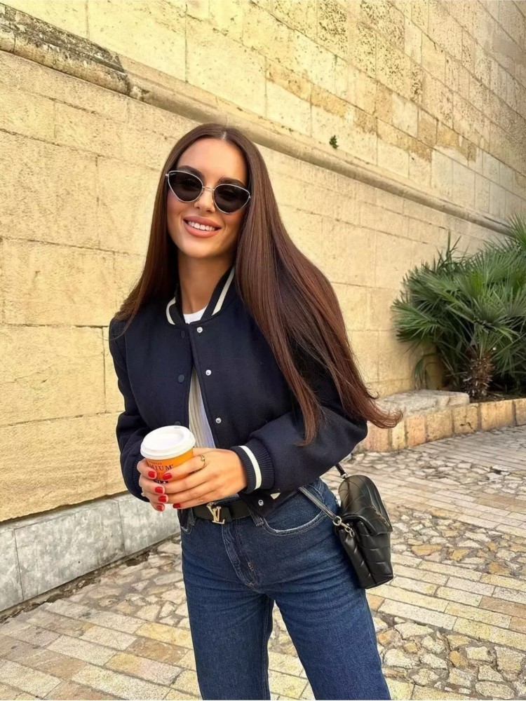 Women's Jacket's Dark Blue Cropped Baseball Jacket Stripe Stitching Pockets Coats With Buttons 2023 Spring Ladies Streetwear Chic Clothes 23