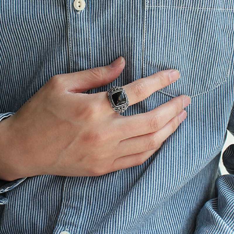 Band Rings Real 925 Silver Black Garnet S925 ring For Men Female Engraved Flower Fashion Open Size S925 ring Sterling Thai Silver Jewelry