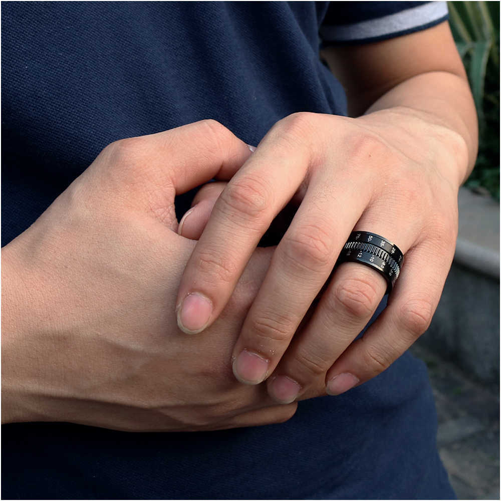 Band Rings Men's Stainless Steel Black Camera Lens Photographers Triple Spinning Band Ring