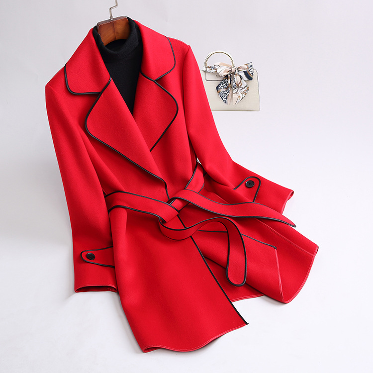 OC440m20# Women's Wrap Coat Winter Commuting Attire Double-sided Cashmere Coat with Medium Length Contrasting Wool