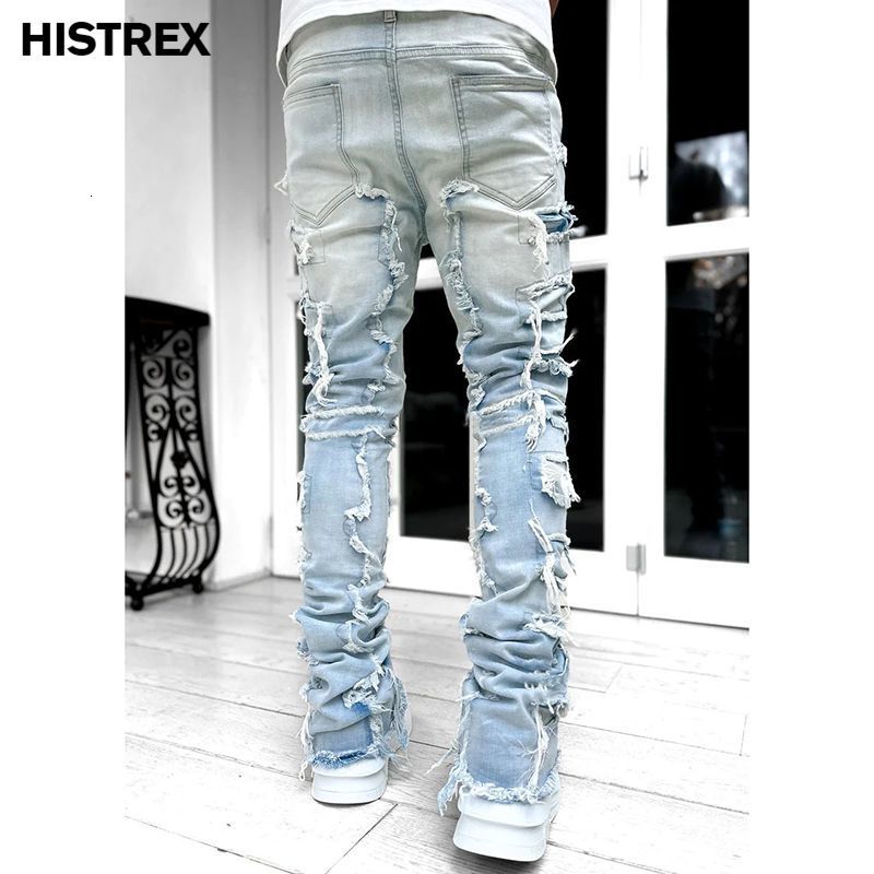Mens Jeans Quality Streetwise Stretch Patch Men European American Heavyweight Pants High Street Hip Hop Y2K Straight Fit Long 230810