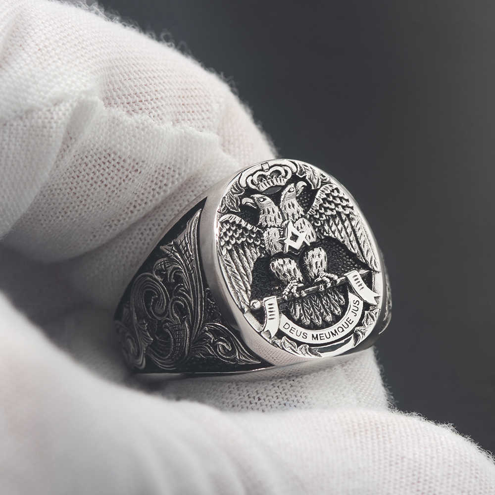 Band Rings Masonic Scottish Rite 33 Degree Double Head Eagle Phoenix Hand Engraved Sterling Silver Ring