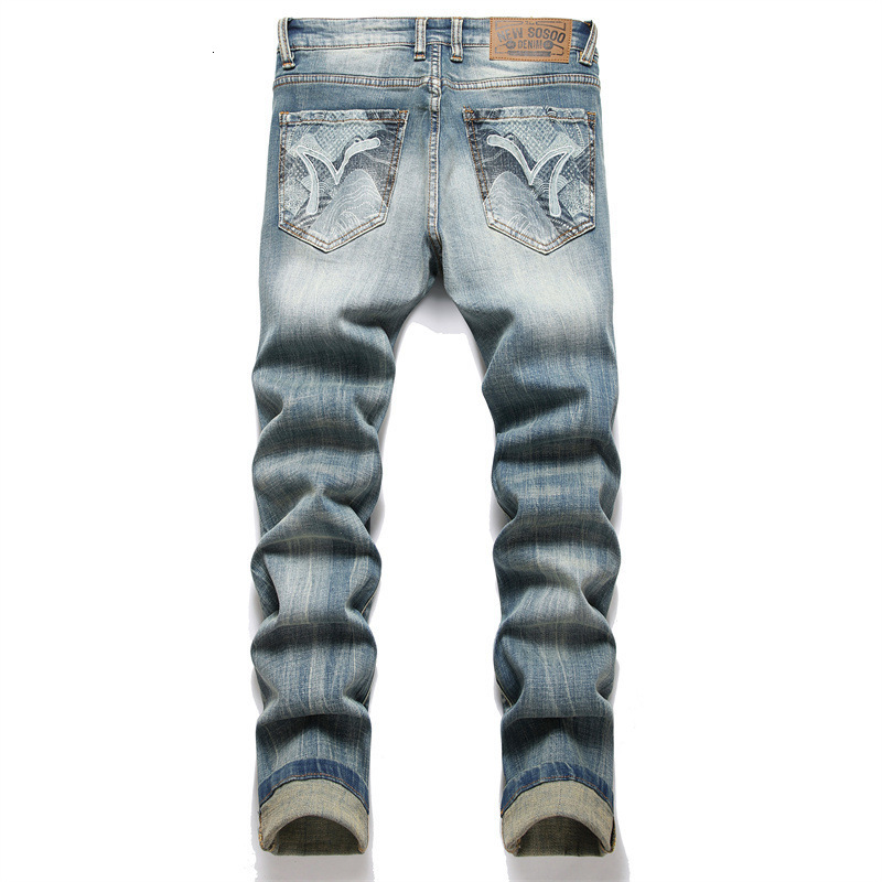 Mens Slim Fit Straight Jeans - Punk Style Embroidered Blue Back Pocket Fashion