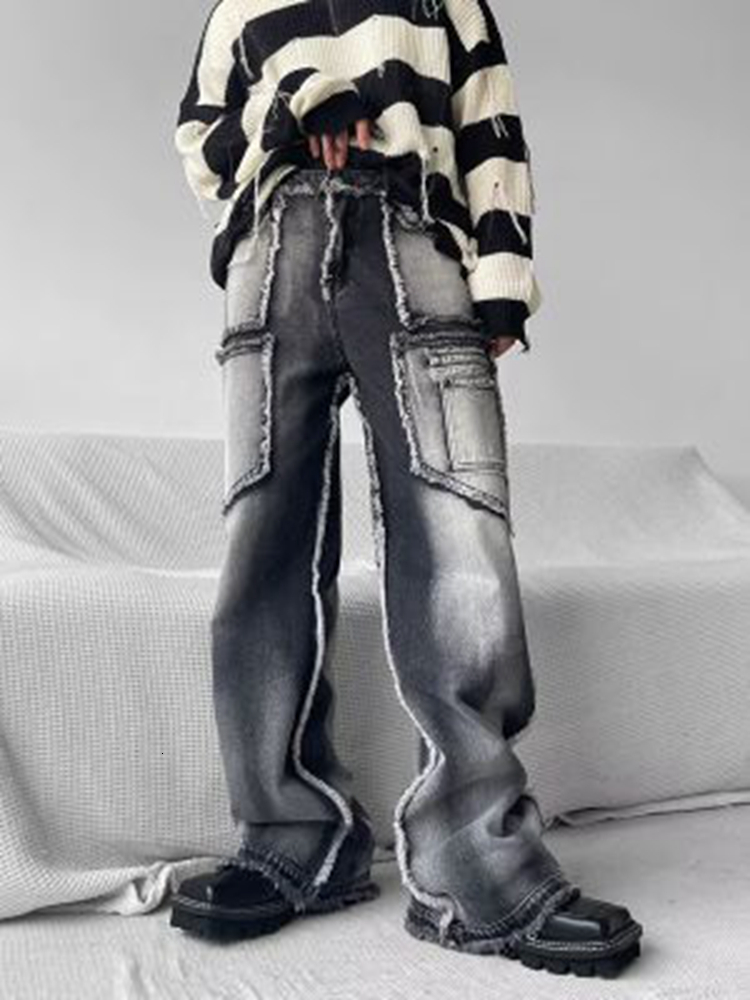 Mens Jeans Pants Autumn Vintage Wash Rough Edge Straight Tube Splicing Male High Street Wide Leg Trousers Fashion 230810