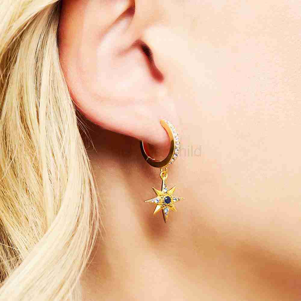 Charm Royalty Star Moon Hinged Hoop Bohemia Fine Jewerly For Women Lucky Gift In 925 Sterling Silver