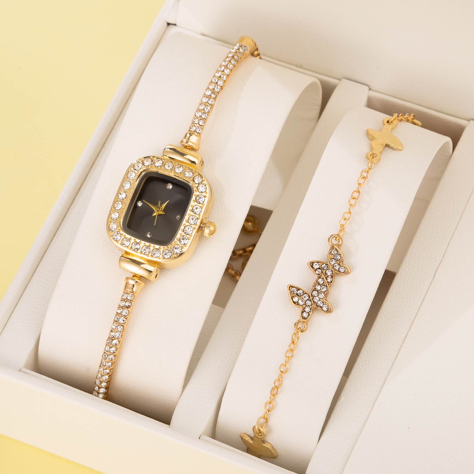 Other Watches 2pc Diamond Watch Square Dial Bracelet Set Ladies Leather Band Quartz Wristwatch Female Clock Zegarek Damski 230809