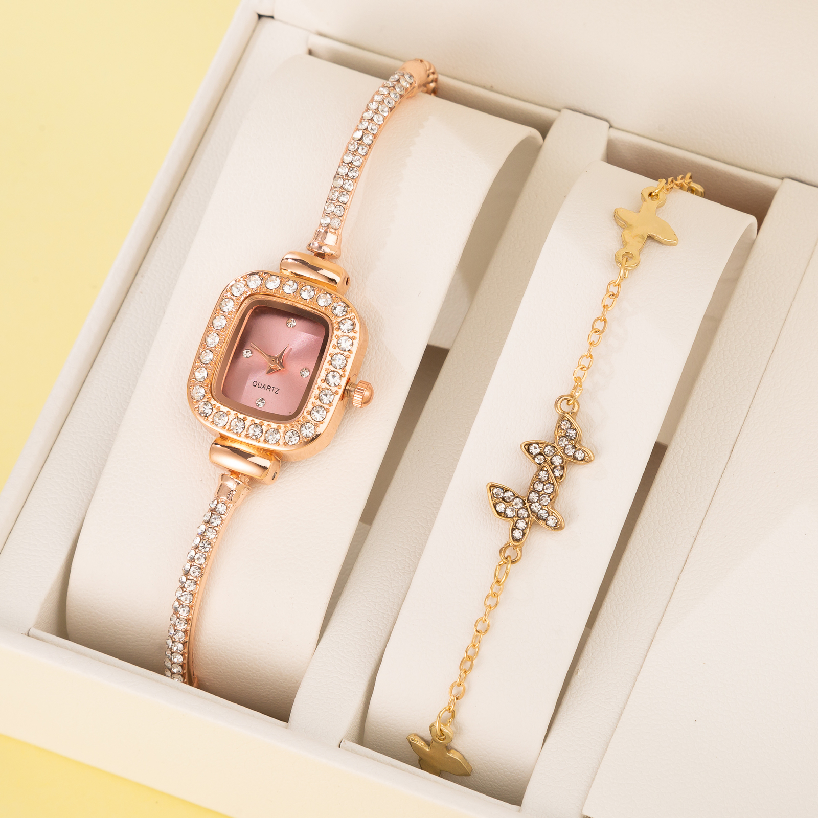 Other Watches 2pc Diamond Watch Square Dial Bracelet Set Ladies Leather Band Quartz Wristwatch Female Clock Zegarek Damski 230809