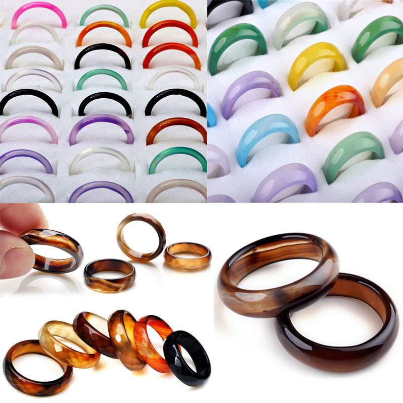 Solitaire Ring Wholesale 50pcs Natural Stone Agates Rings High Quality Texture Gem Finger Individuality Unisex Ring Jewelry 230810
