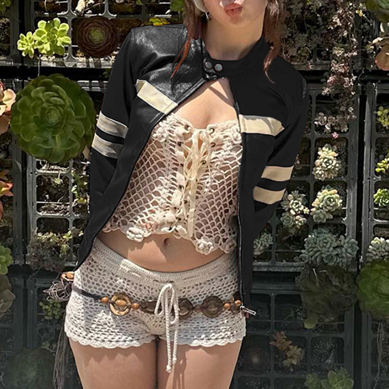 Womens Jackets Darlingaga Streetwear Stripe Stitched Zipper Leather Jacket Female Moto Biker Style Autumn Winter Coat Harajuku Outwear PU Coats 230809