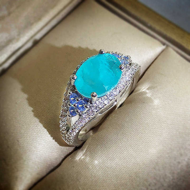Band Rings 2022 New Exquisite 925 Sterling Silver Paraiba Tourmaline Rings Water Drop Gemstone Ladies Wedding Bridal Ring Retro Jewelry