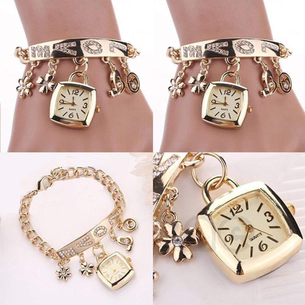 Other Watche Bracelet Watch Women Love Letters Inlaid Chain Flower Pendant Wrist Reloj Mujer Ladies Watches Gift 230809