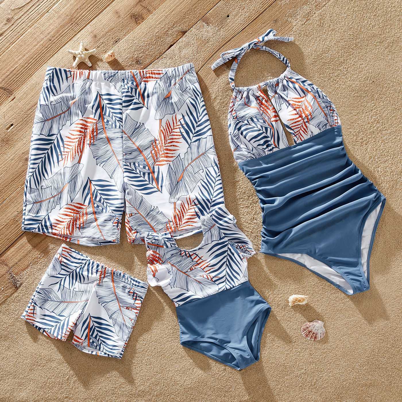 Family Matching Outfits Family Matching Outfits Solid Leaf-print Halter Neck One-piece Swimsuit or Swim Trunks Shorts R230810