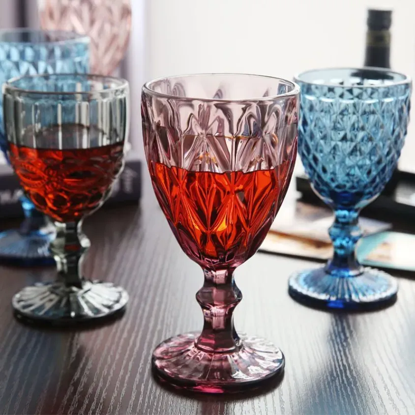 Vintage Wine tail Glass Cups Golden Edge Multi Colored Glassware Wedding Party Green Blue Purple Pink Goblets 10oz FY5509