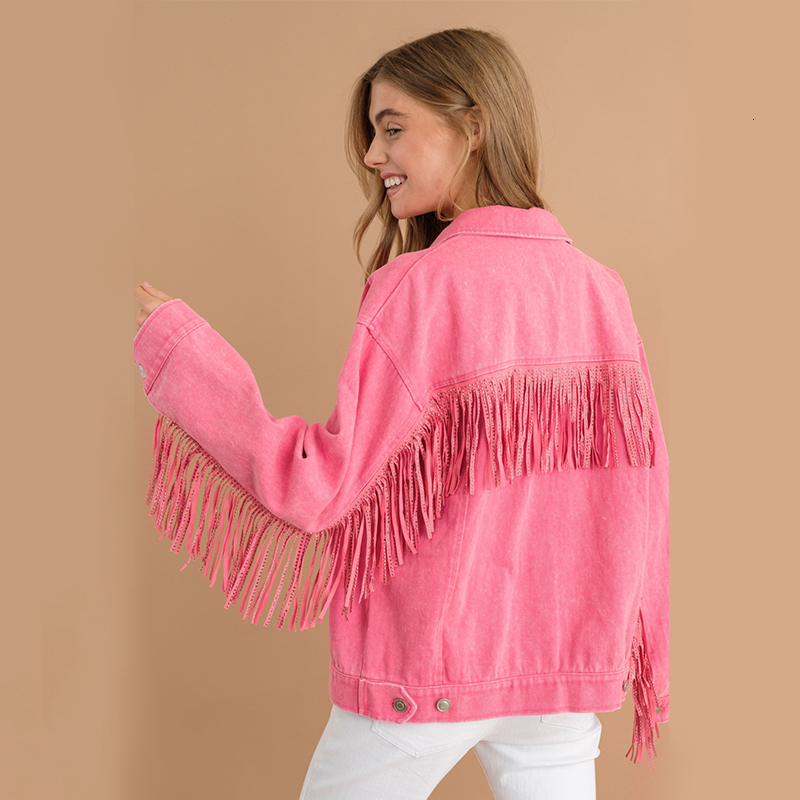 Womens Jackets Casual Denim Jacket Kpop Tassel Streetwear Vintage Washed Long Sleeve For Women Korean Fringe Loose Coat 230809