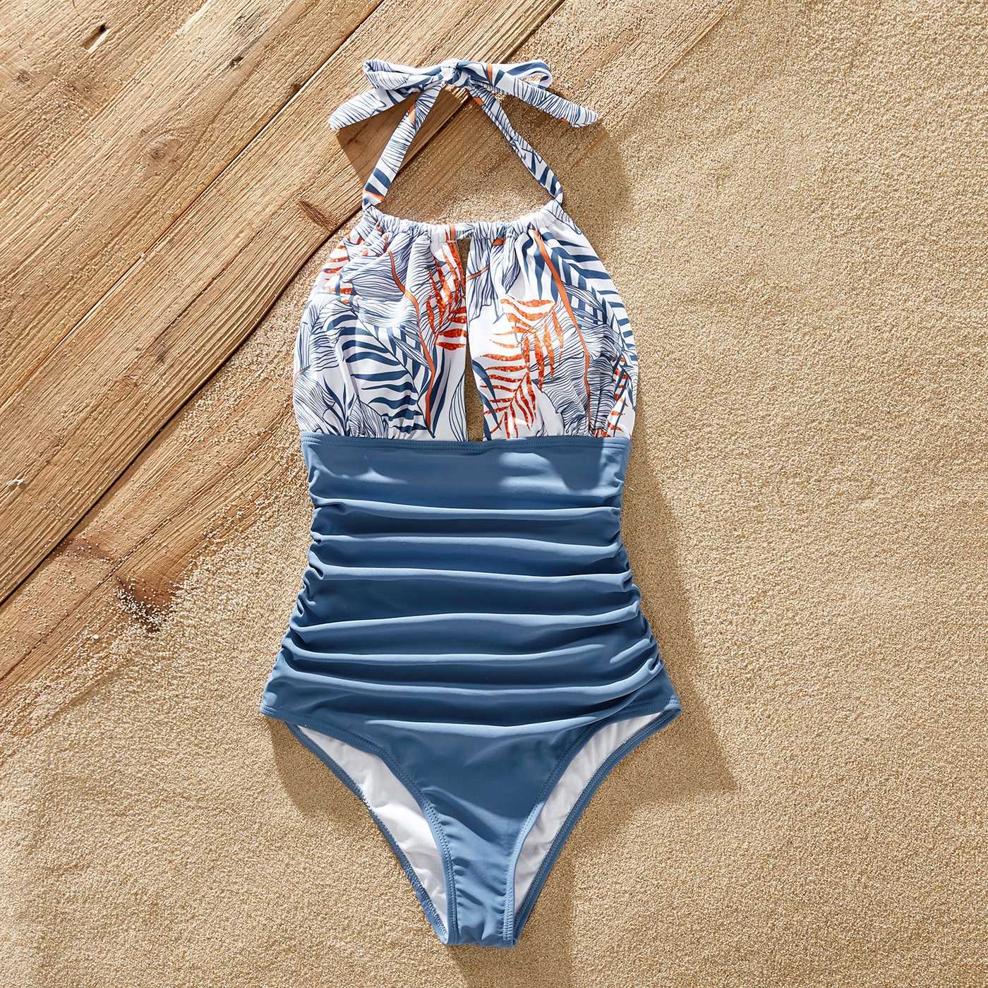 Family Matching Outfits Family Matching Outfits Solid Leaf-print Halter Neck One-piece Swimsuit or Swim Trunks Shorts R230810