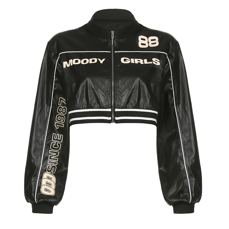 Womens Jackets HEYounGIRL Leather Bomber Jacket Women Fashion High Street Y2K Zip Up Short Coat Letter Print College Lady PU Punk Style 230810