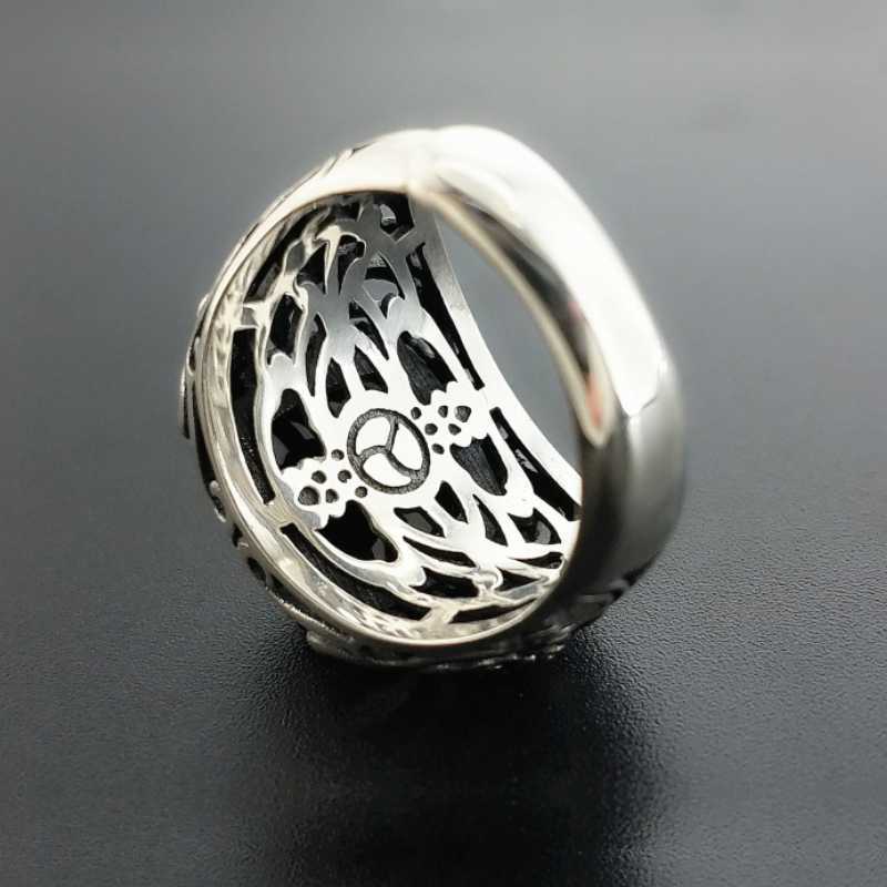 Band Rings Real 925 Silver Black Garnet S925 ring For Men Female Engraved Flower Fashion Open Size S925 ring Sterling Thai Silver Jewelry