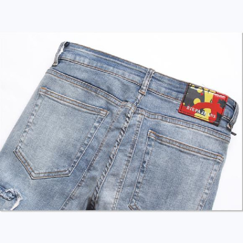 Mens Ripped Slim Straight Jeans Blue Punk Fashion Trend Elastic Stick Cloth |