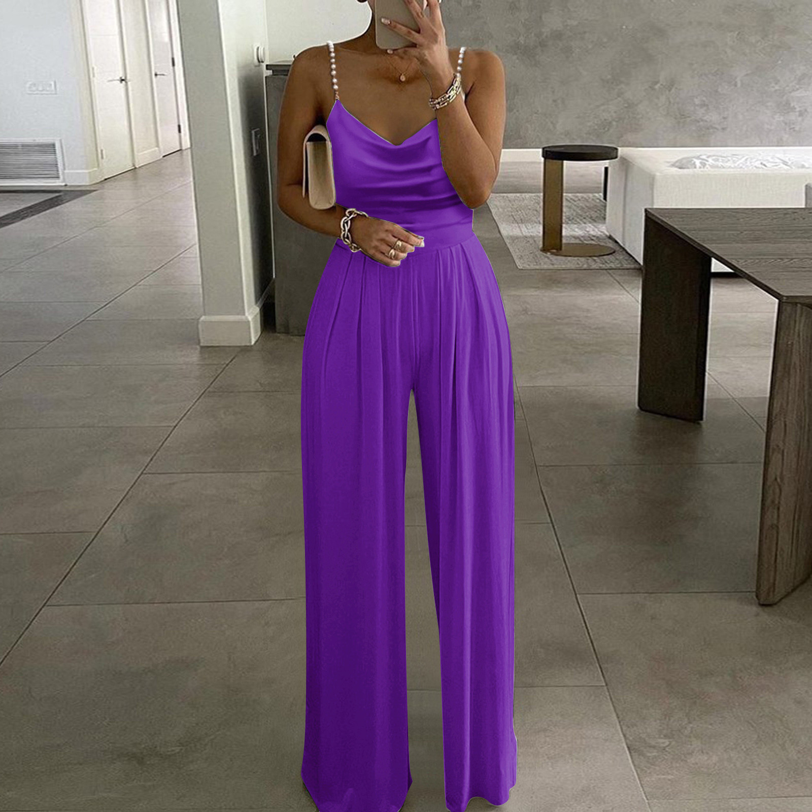 Women's Jumpsuits Rompers Womens Casual Solid Color Two Pearl Strap Pink Sweetheart V-Neck High Waist Tube Jumpsuit Pants Summer Dressy Maternity