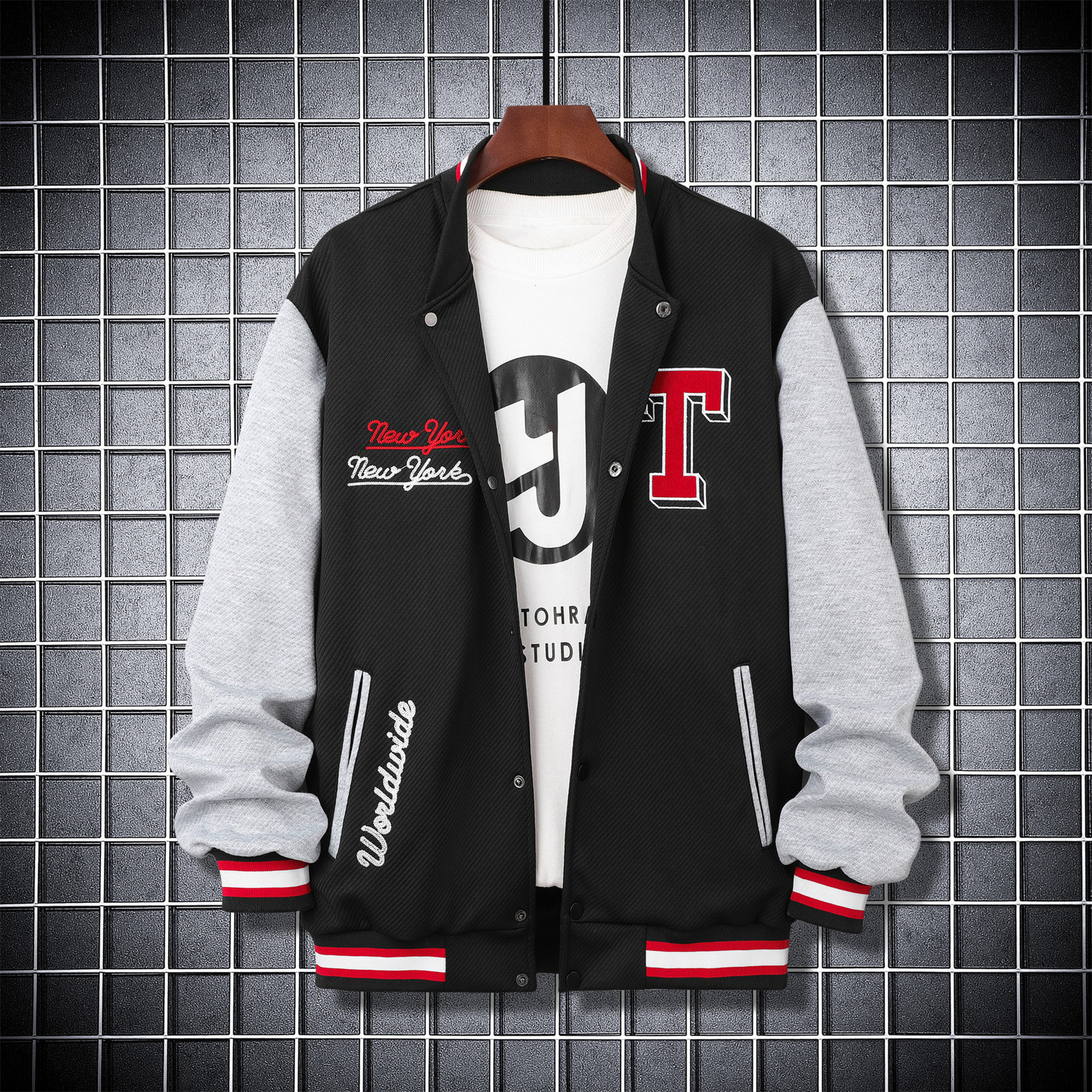 Mens Jackets Men Letter Graphic Striped Trim Colorblock Varsity Jacket Without Tee 230810