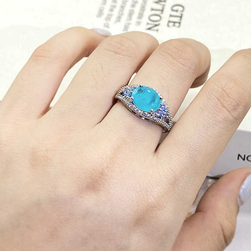 Band Rings 2022 New Exquisite 925 Sterling Silver Paraiba Tourmaline Rings Water Drop Gemstone Ladies Wedding Bridal Ring Retro Jewelry