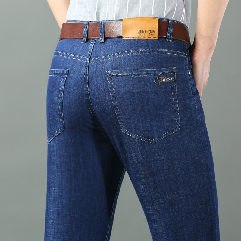 Mens Jeans Spring Summer Thin Denim Straight Cotton Stretch Men Business Casual Cloth High Waist Ice Silk Lightweight Trousers 230810
