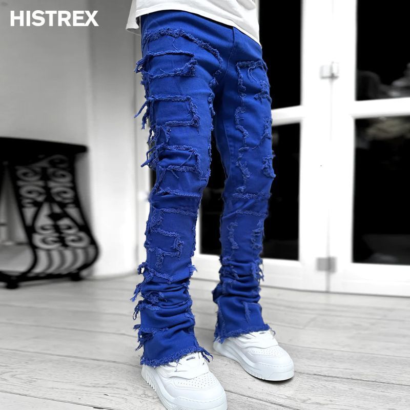 Mens Jeans Quality Streetwise Stretch Patch Men European American Heavyweight Pants High Street Hip Hop Y2K Straight Fit Long 230810