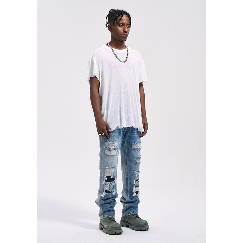 Mens Jeans Washed vintage jeans patchwork damaged denim loose casual men distressed ripped y2k for 230809