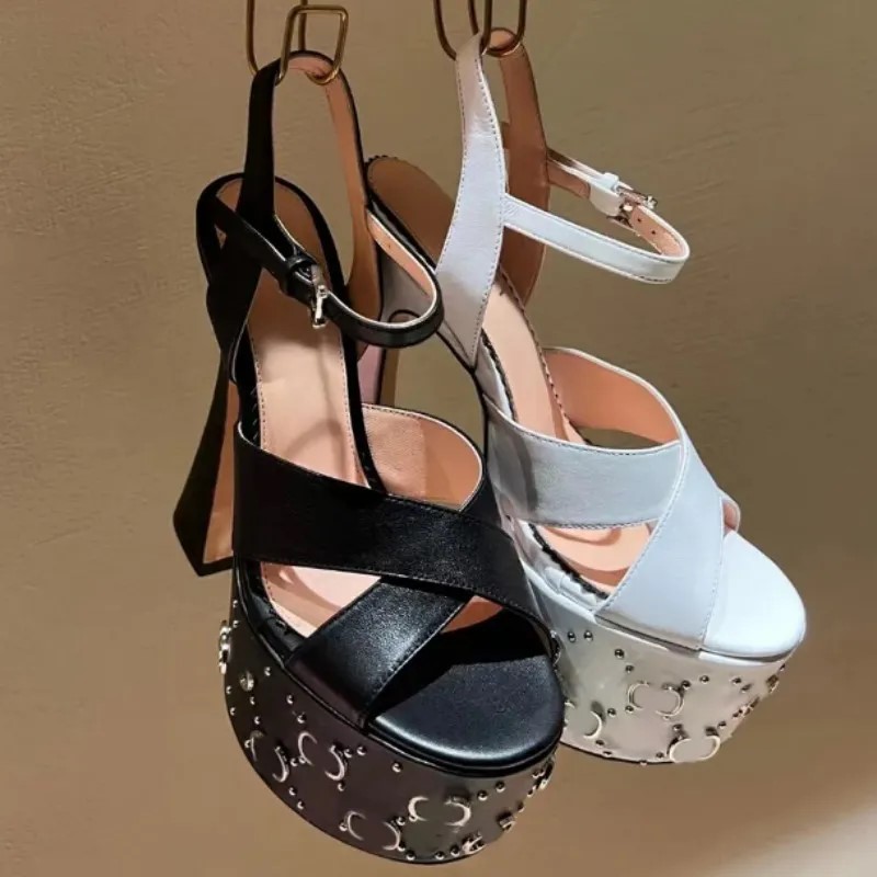 Image of Janaya leather sandals G Stud-detailed platform sandals chunky high heels Ankle strap open toe heeled block heel sandal luxury designer shoe