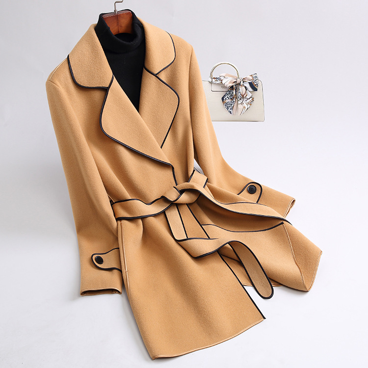 OC440m20# Women's Wrap Coat Winter Commuting Attire Double-sided Cashmere Coat with Medium Length Contrasting Wool
