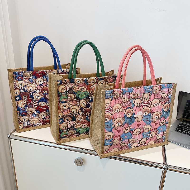 Beach Bags 2023 New Hemp Material Little Bear High Capacity Tote Shopping Bag Popular Online Live Broadcast Foreign Style Handbagstylishhandbagsstore
