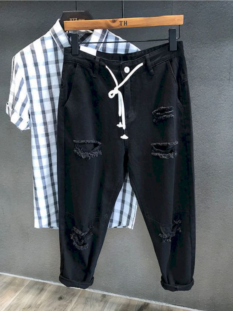Mens Jeans Holes Men And Women Summer High Waist Thin Color Loose Straight Denim Anklelength Harem Pants 230810