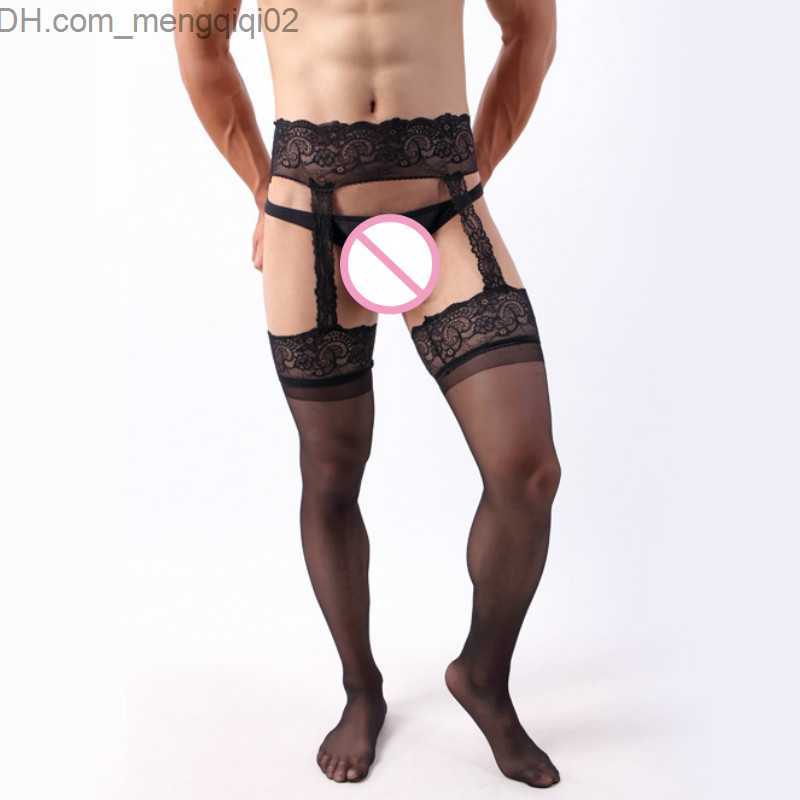 Socks Hosiery Men's sexy underwear stockings suspenders silk tight transparent pantyhose men's thick lace embroidered stockings direct shipping Z230810