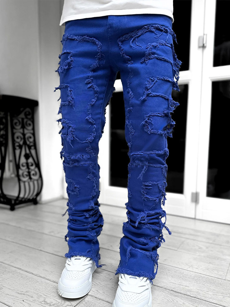 Mens Jeans Streetwise Stretch Patch For Men Bottom Baggy Clothing Summer Solid Fashion Mid Waist Patchwork Long Pants Male 230810
