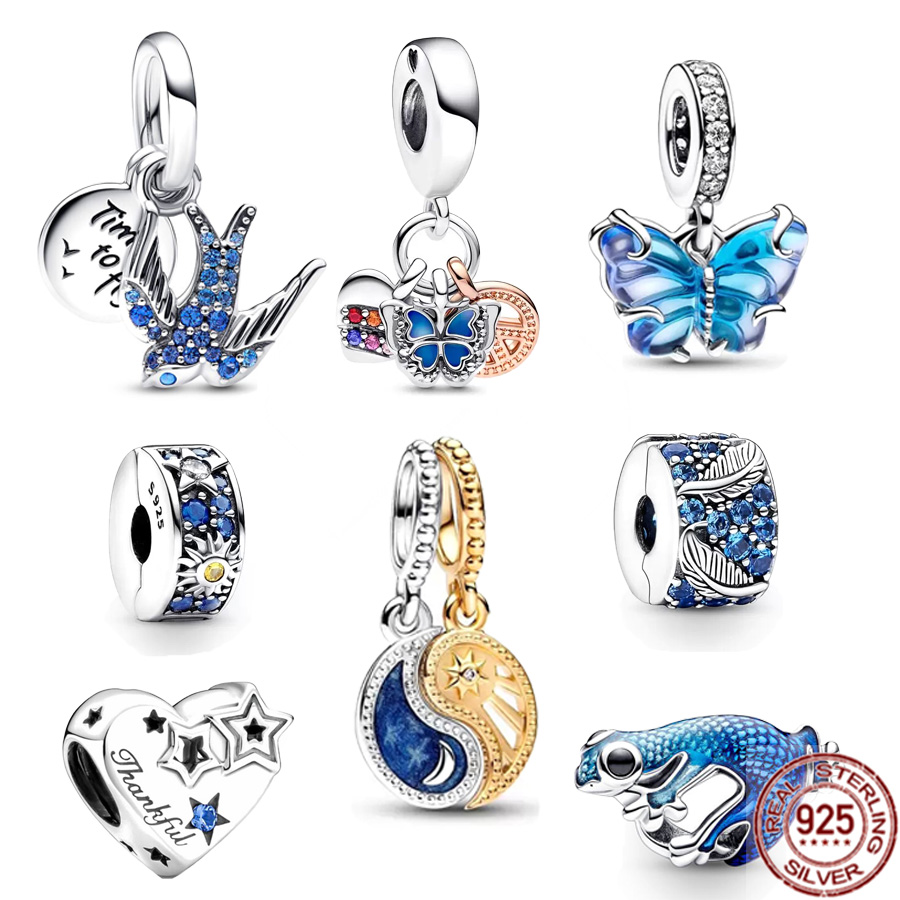 Fashionable New 925 Sterling Silver Metal Gecko Blue Murano Glass Butterfly Hook Charm Beads Suitable for Original Bracelets Jewelry Free Shipping