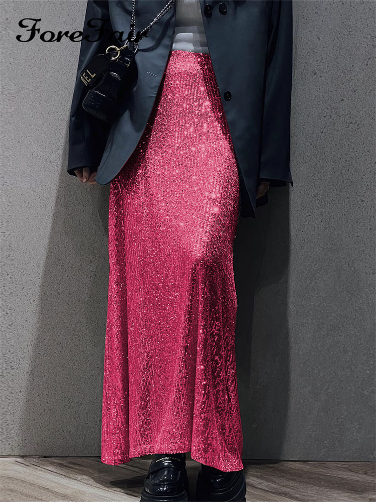 Two Piece Dress Forefair Y2k Sequins Skirt 2 Pieces Sets Women Summer Autumn Long Sleeve Chic Crop Top Bodycon And Mixi Party Club 230810