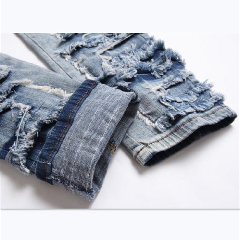 Mens Ripped Slim Straight Jeans Blue Punk Fashion Trend Elastic Stick Cloth |