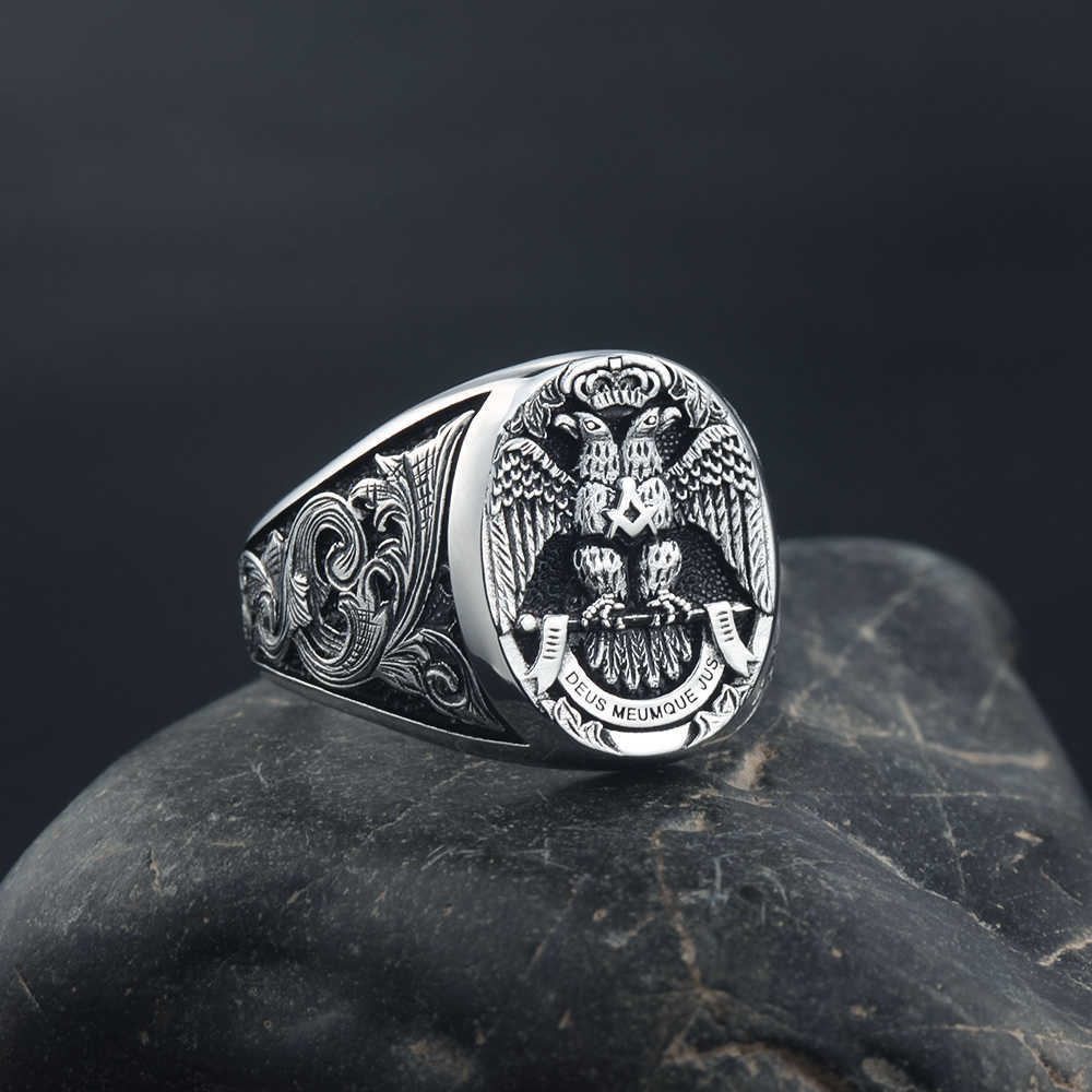 Band Rings Masonic Scottish Rite 33 Degree Double Head Eagle Phoenix Hand Engraved Sterling Silver Ring