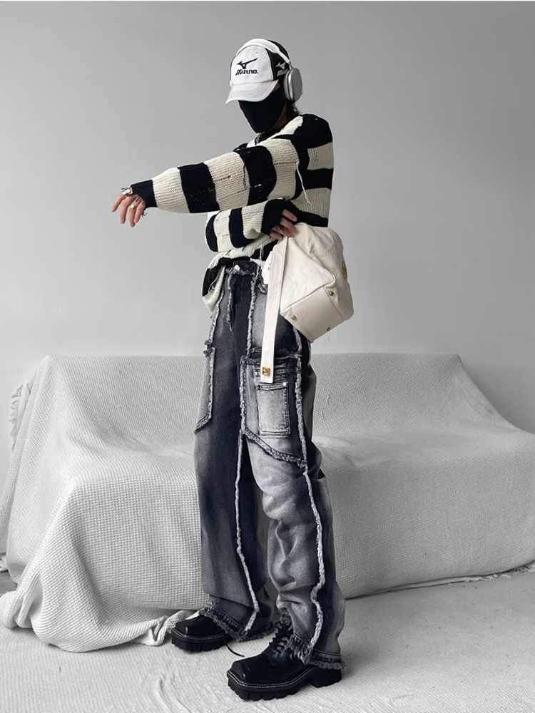 Mens Jeans Pants Autumn Vintage Wash Rough Edge Straight Tube Splicing Male High Street Wide Leg Trousers Fashion 230810