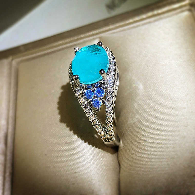 Band Rings 2022 New Exquisite 925 Sterling Silver Paraiba Tourmaline Rings Water Drop Gemstone Ladies Wedding Bridal Ring Retro Jewelry